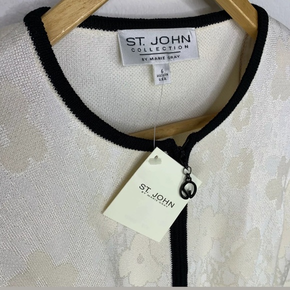 St. John Collection White Floral Zip Knit Jacket - Picture 2 of 6